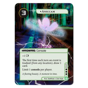 Puede incluir: Una tarjeta coleccionable con un diseño futurista. La tarjeta presenta una flor rosa brillante con el texto "ANICCAM" y "SANKHARA ANICCA" sobre un fondo de una ciudad nocturna. La tarjeta está etiquetada como "HARDWARE: Console".