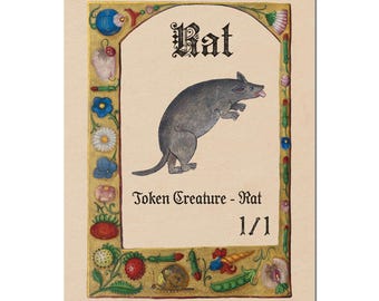 Rat 1/1 middeleeuws MTG-token | Zwart wezen | Kaart in middeleeuwse stijl voor Magic: The Gathering