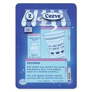 以下が含まれることがあります： 上部に「Cezve」の文字が入った、コーヒーショップをテーマにした青いカード。カードには「We are happy to serve you」の文字が入ったコーヒーカップのグラフィックとコーヒーポットのグラフィックが描かれています。カードには「Digital coffee」と「Refills on the house」の文字も含まれています。