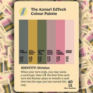 May include: A color palette card titled "The Azmari EdTech Colour Palette" with six color swatches: gray-green, gold, olive, mauve, pink, and light pink. The card includes text and color codes.