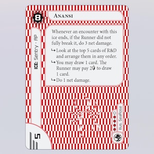 May include: A red and white card with a spider web design. The card is from the Netrunner card game and is called "Anansi". The card text reads: "Whenever an encounter with this ice ends, if the Runner did not fully break it, do 3 net damage. Look at the top 5 cards of R&D and arrange them in any order. You may draw 1 card. The Runner may pay 20 to draw 1 card. Do 1 net damage."