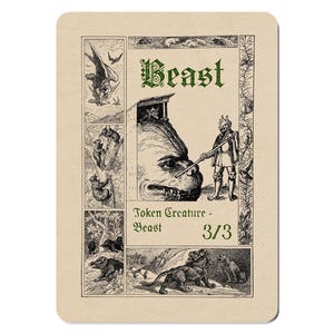 Puede incluir: Tarjeta beige con una detallada ilustración en blanco y negro de una criatura fantástica. La palabra "Beast" está en letras verdes ornamentadas. La tarjeta también incluye el texto "Token Creature - Beast 3/3".