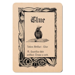 Könnte beinhalten: Eine Karte im Vintage-Stil mit einer Rabenillustration, Heiligenschein und dem Wort "Clue" in kunstvoller Schrift. Die Karte lautet "Token Artifact - Clue" und enthält Anweisungen. Die Karte hat einen dekorativen Rahmen und einen Sepia-Ton.