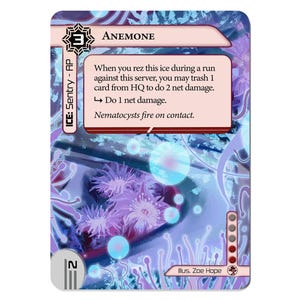 May include: A trading card featuring the word "ANEMONE" at the top. The card has a purple and blue background with an illustration of a sea anemone. Text on the card describes its function. The card has a "3" symbol and the text "ICE: Sentry - AP".