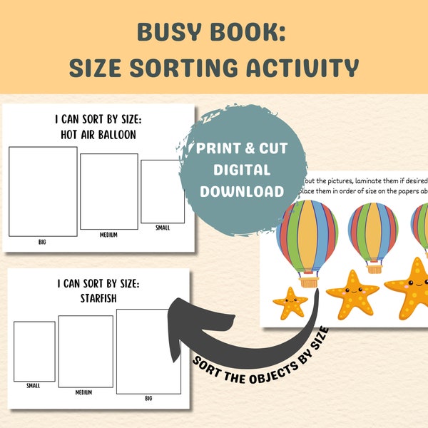 Busy Book Printable Worksheets, Size Sorting Activity, Preschool Learning Worksheets, Toddler quiet book, Toddler Learning Activity