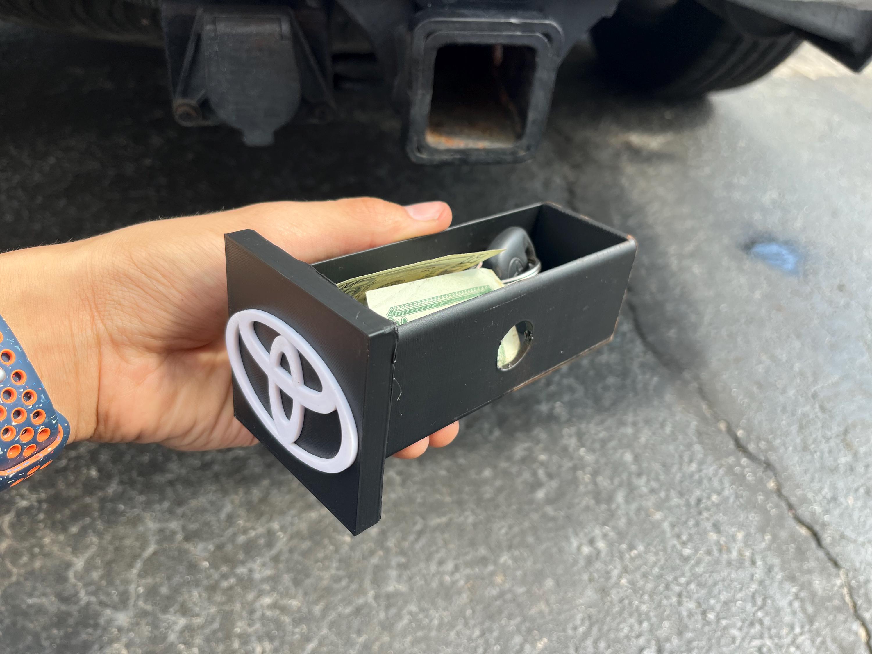 CUSTOM Toyota Stealth Storage hide-a-key hitch cover with Toyota logo, choose your own size. 3D printed hitch cover for storage.