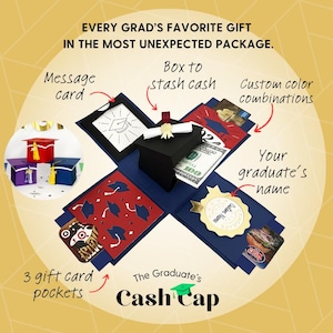 May include: A graduation-themed gift box with a black mortarboard hat, a rolled diploma, and a stack of cash. The box is navy blue with red and gold accents. Text on the box reads "Every Grad's Favorite Gift" and "The Graduate's Cash Cap."
