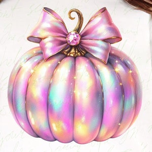 May include: A pink and iridescent pumpkin with a large pink bow and a sparkly pink gem in the center. The pumpkin is on a white background.