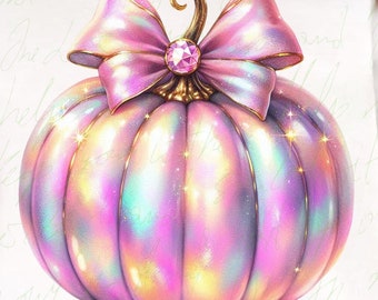 May include: A pink and iridescent pumpkin with a large pink bow and a sparkly pink gem in the center. The pumpkin is on a white background.