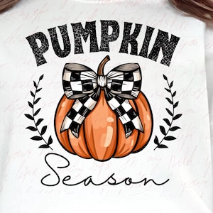 May include: White sweatshirt with a black and white checked pumpkin with a bow and the text "Pumpkin Season" in black.