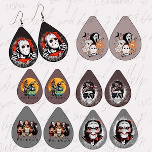 May include: Set of 10 Halloween-themed dangle earrings. The earrings are shaped like teardrops and feature various horror movie characters, including Jason Voorhees, Freddy Krueger, and Jigsaw. The earrings are made of metal and have a black, gray, and white color scheme. The earrings are perfect for adding a spooky touch to any outfit.
