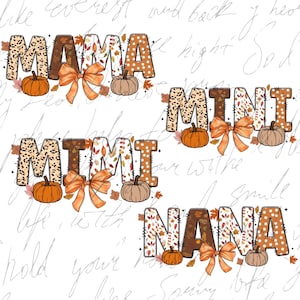 Op de afbeelding: Vier verschillende ontwerpen van herfst-namen, elk met een ander patroon en een pompoen. De namen zijn "Mama", "Mimi", "Mini" en "Nana".