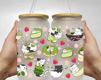Matcha Cat Can Glass Wrap PNG: Floral Iced Coffee Cup Design (Digital Download)