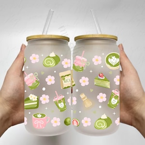 Matcha Sakura Floral Can Glass Wrap: 16oz Libbey Design (PNG)