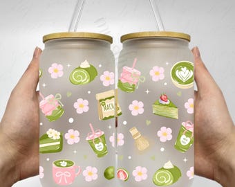 Matcha Sakura Floral Can Glass Wrap: 16oz Libbey Design (PNG)