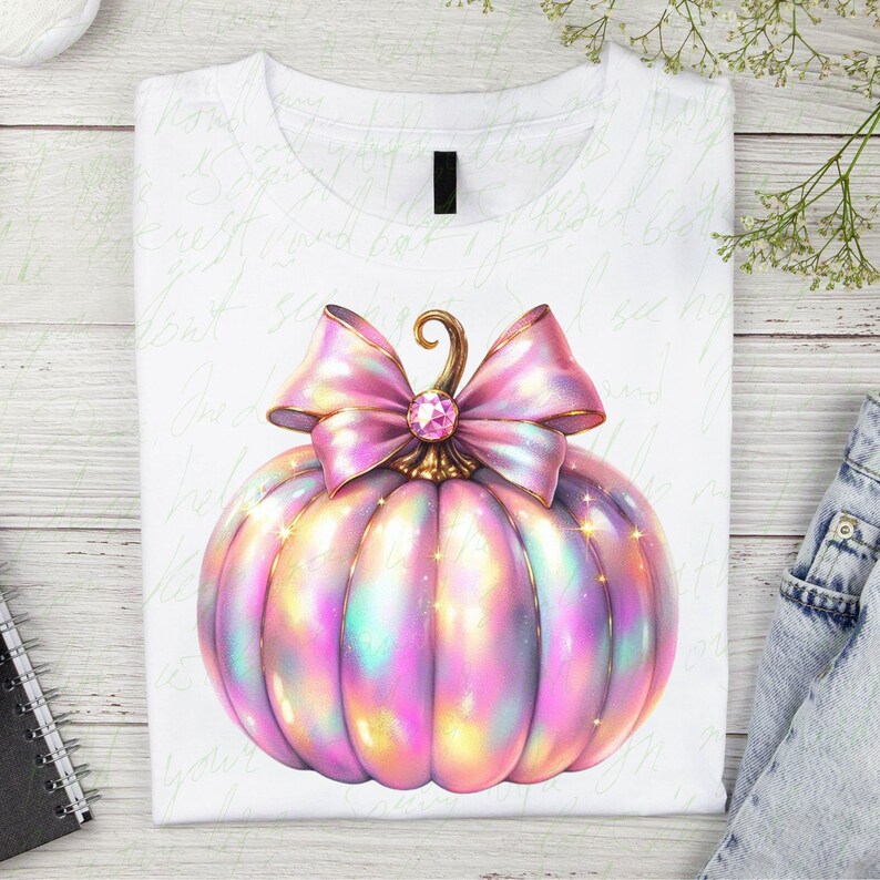 May include: A white t-shirt with a pink and iridescent pumpkin with a pink bow and a rhinestone in the center.