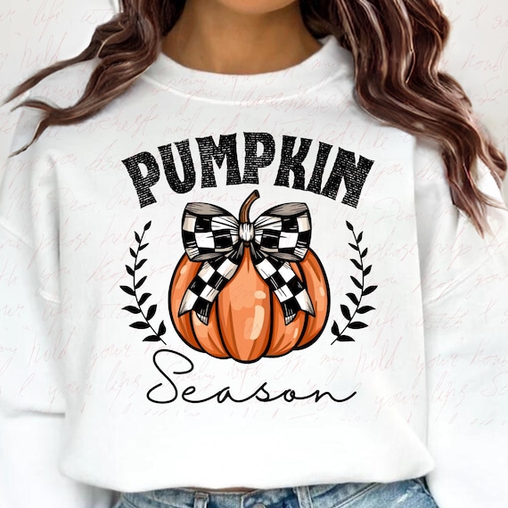 Retro Halloween Pumpkin PNG: Checkered Bow, Coquette Fall Shirt (Digital Download)