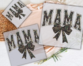 May include: Three iron-on transfers featuring the word "MAMA" in a camouflage pattern with a bow. The transfers are ready to press onto fabric.