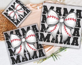 May include: A black and white iron-on transfer design featuring the word "Mama" repeated multiple times with a white baseball bow in the center. The design is ready to press onto fabric.