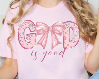 God Is Good DTF Transfer: Pink Floral Bow, Valentine's Day Heat Transfer