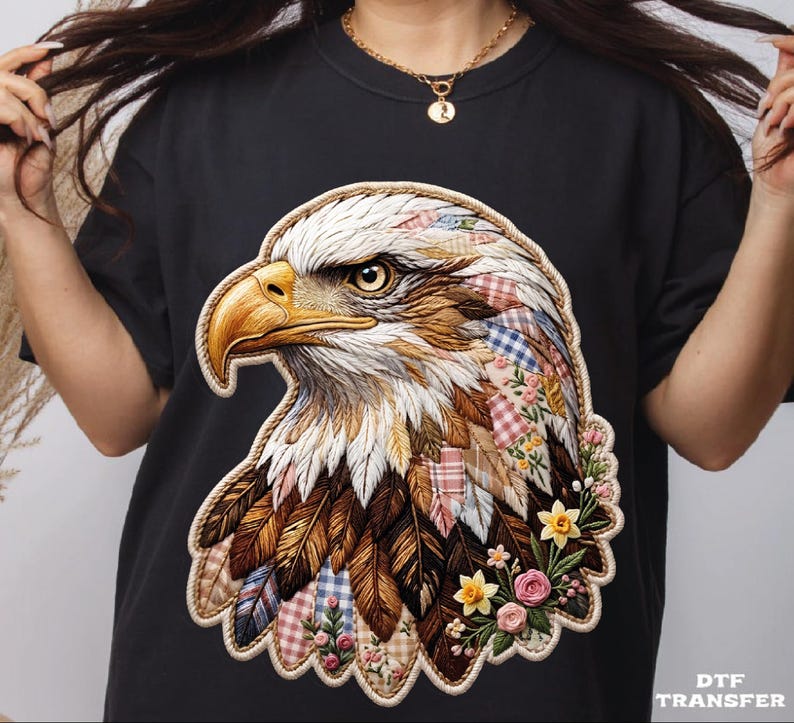 Patchwork Boho Eagle DTF Transfer, Patriotic Floral Eagle Heat Press image 1