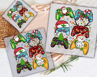 May include: DTF transfers featuring festive video game controllers. Each controller is decorated with holiday elements like Santa hats, reindeer antlers, and Christmas lights. The text "READY TO PRESS" and "DTF TRANSFERS" are visible.