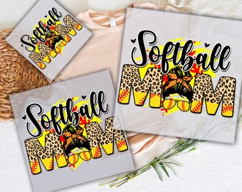 Könnte beinhalten: Drei Transferdesigns mit einem Softball mit Leopardenmuster und dem Text "Softball Mom". Die Designs sind auf einem transparenten Hintergrund und bereit, auf Stoff gepresst zu werden.