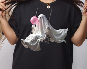 Ghost on Swing DTF Transfer, Pink Bubble Gum Ghost Heat Press, Choose Your Size