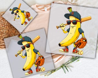 May include: DTF transfers featuring a cartoon banana wearing sunglasses, a baseball cap, and baseball gear. The banana is holding a bat and a baseball glove. The text "READY TO PRESS" and "DTF TRANSFERS" are visible.