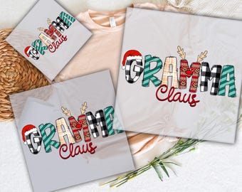 May include: The image showcases DTF transfers with a Christmas theme. The transfers feature the text "Gramma Claus" in a festive design, incorporating a Santa hat, reindeer antlers, and patterned letters in red, black, and green. The words "READY TO PRESS" and "DTF TRANSFERS" are also visible.