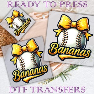 Bananas Baseball Coquette Bow DTF Transfer: Game Vibes