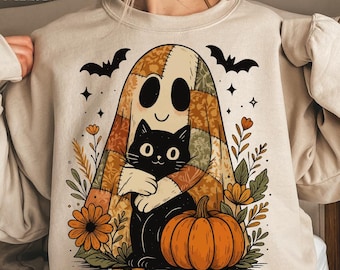 Retro Halloween DTF Transfer: Patchwork Ghost & Cat, Spooky Floral