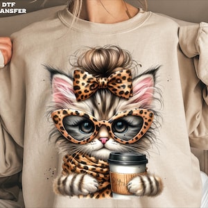 Leopard Cat DTF Transfer: Vintage Style Heat Press Design