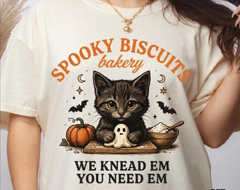 Spooky Biscuits Bakery Cat DTF Transfer, Halloween Cat Baking Ready To Press, Multiple Sizes Available