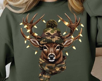 Preppy Camo Christmas Deer DTF Transfer: Christmas Lights Design