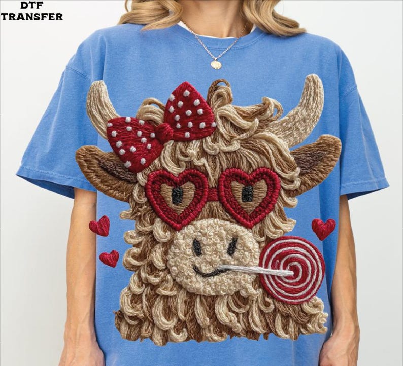 Pode incluir: Camiseta azul claro com um design bordado de vaca das Terras Altas. A vaca tem &oacute;culos de sol em forma de cora&ccedil;&atilde;o, um la&ccedil;o vermelho e um pirulito. Pequenos cora&ccedil;&otilde;es vermelhos est&atilde;o espalhados ao redor do design. O texto "DTF TRANSFER" est&aacute; no canto superior esquerdo.