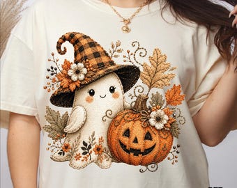 Faux Crochet Vintage Halloween Ghost Witch DTF Transfer, Floral Spooky Season Heat Press