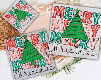Puede incluir: Varios diseños de transferencia DTF (Directo a Película) con temática navideña. Los diseños presentan las palabras "Merry Christmas" en rojo, verde y rosa, junto con un árbol de Navidad verde. También se ven los textos "READY TO PRESS" y "DTF TRANSFERS".