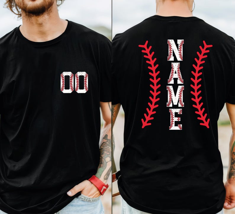 May include: Black t-shirt with baseball-themed graphics. The front features the number "00" in a baseball design. The back displays the word "NAME" in a baseball font, flanked by red baseball stitching.
