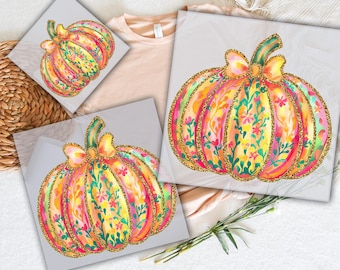 Glitter Pumpkin Heat Transfer: Preppy Halloween DTF Design
