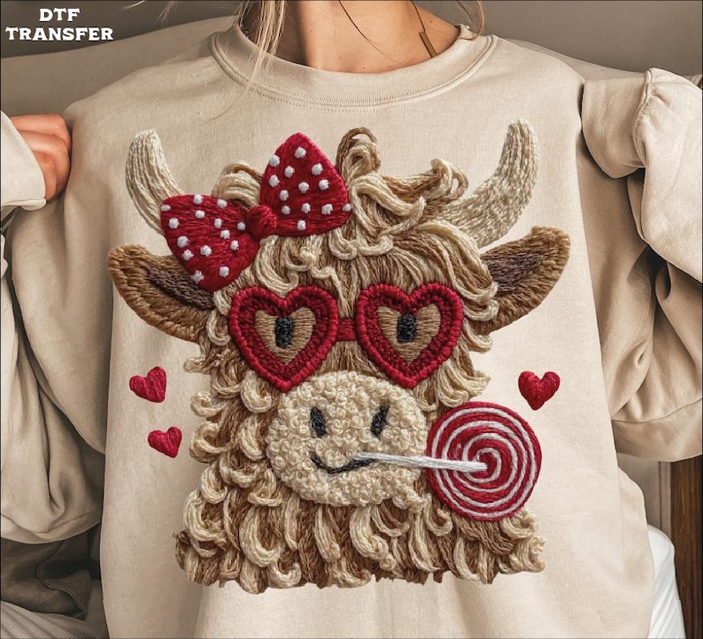 Pode incluir: Camisola bege com um design bordado de vaca Highland. A vaca tem &oacute;culos de sol em forma de cora&ccedil;&atilde;o, um la&ccedil;o vermelho com bolinhas brancas e um pirulito. Pequenos cora&ccedil;&otilde;es vermelhos est&atilde;o espalhados ao redor da vaca.