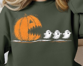 Spooky Season DTF Transfer: Halloween Pumpkin Chasing Ghost - Ready To Press