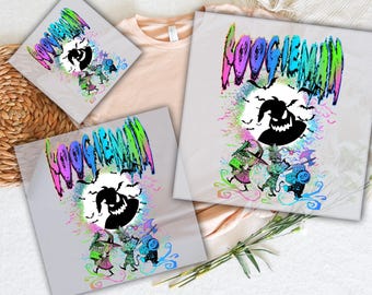 May include: DTF transfers featuring a colorful graphic design with the text "BOOGIEMAN". The design includes a black silhouette of a character with a witch hat, bats, and cartoon figures. The words "READY TO PRESS" and "DTF TRANSFERS" are also visible.
