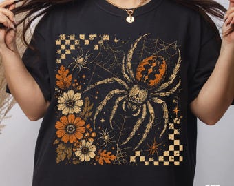Vintage Spider Halloween DTF Transfer, Spooky Floral Spider Web Heat Press, Retro Spider Halloween Iron on