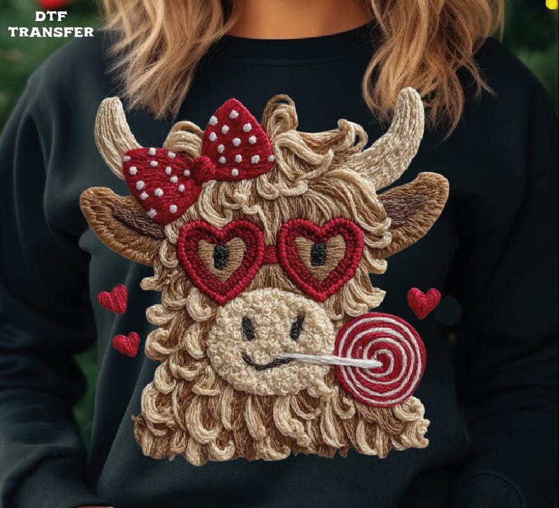 Pode incluir: Camisola preta com um design bordado de uma vaca das Terras Altas. A vaca usa &oacute;culos em forma de cora&ccedil;&atilde;o, um la&ccedil;o de bolinhas e um pirulito. Pequenos cora&ccedil;&otilde;es vermelhos est&atilde;o espalhados ao redor do design. O texto "DTF TRANSFER" est&aacute; no canto superior esquerdo.
