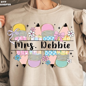 Personalized Teacher Name DTF Transfer: Glitter Effect Floral Pencil Ready To Press