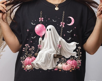 Ghost on Swing Halloween DTF Transfer, Pink Balloon Ghost Heat Press, Choose Your Size