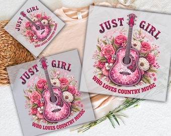 May include: DTF transfers featuring a pink guitar design with floral accents and the text "JUST GIRL WHO LOVES COUNTRY MUSIC." The transfers are ready to press and suitable for various apparel items.