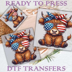 4th of July Highland Cow DTF Transfer: American Pride Heat Transfer