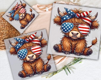 4th of July Highland Cow DTF Transfer: American Pride Heat Transfer